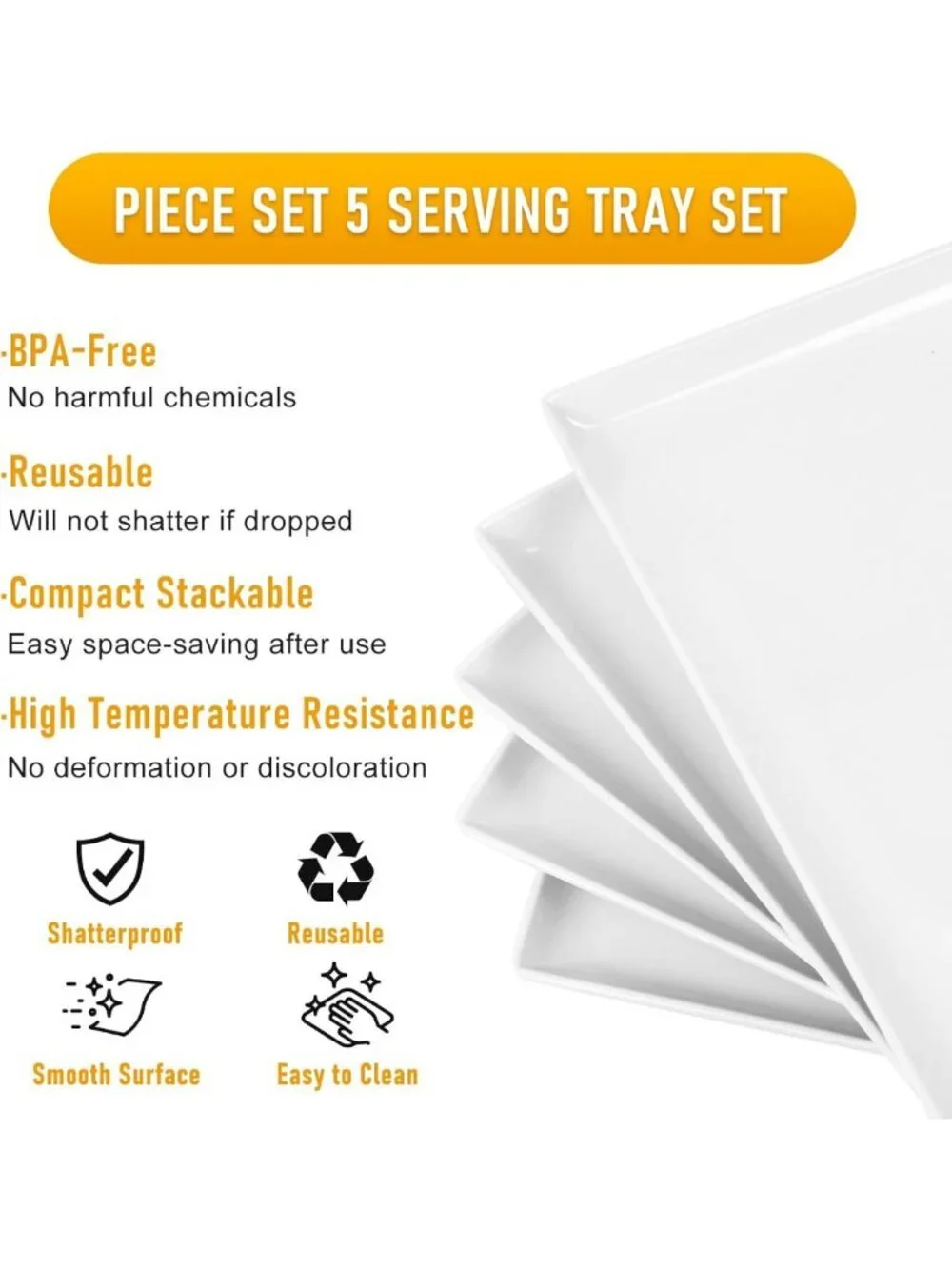 Set of 5 Unbreakable White Melamine Serving Trays for Party, Appetizers